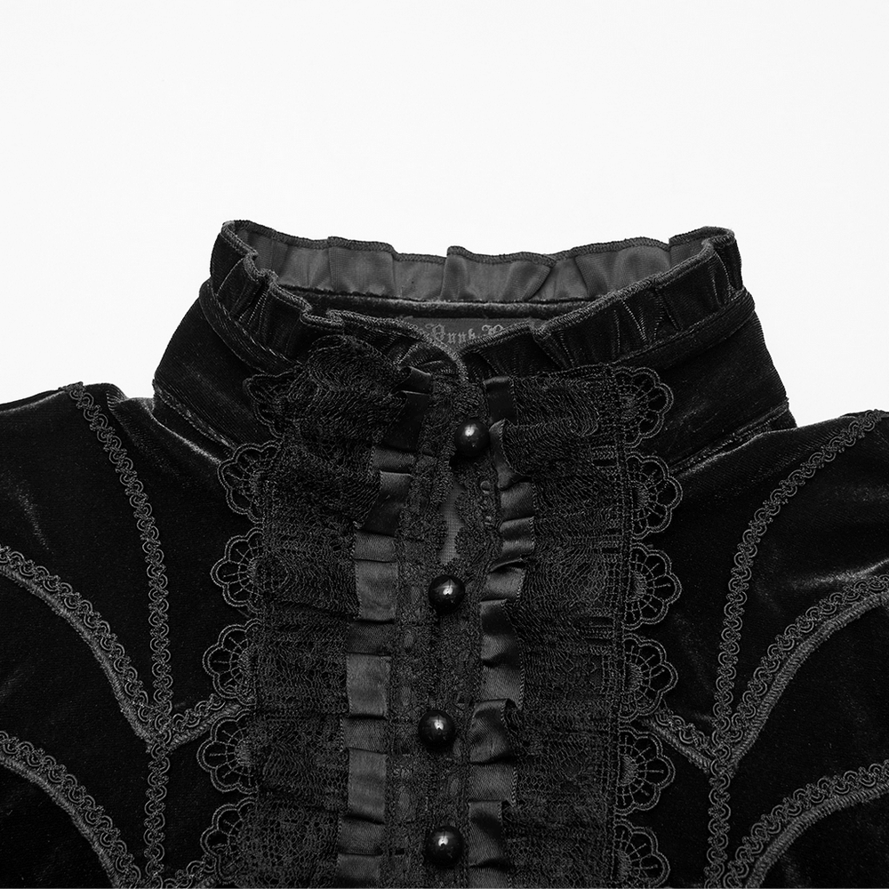 Elegant Goth Top with Ruffled Lace and Pearl Buttons, showcasing intricate lace and stunning pearl buttons.