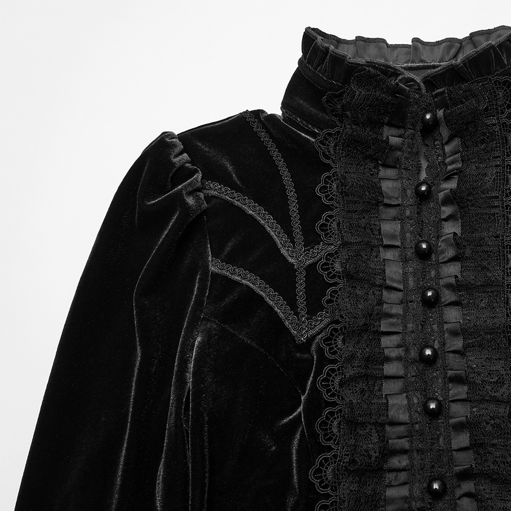 Elegant Goth Top with Ruffled Lace and Pearl Buttons, featuring intricate lace and pearl button detailing.