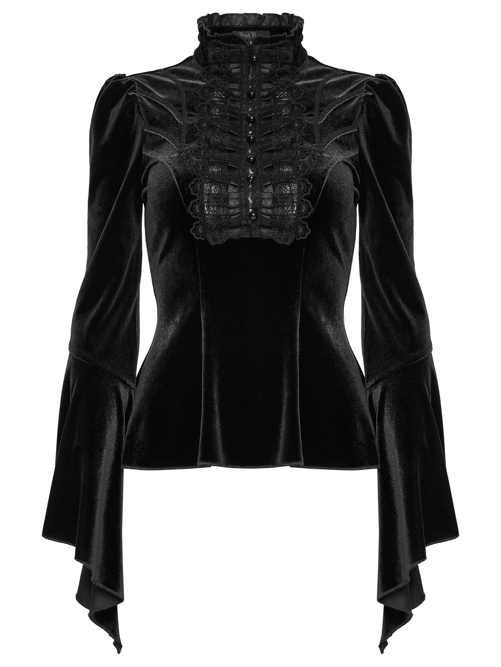 Elegant Goth Top with Ruffled Lace and Pearl Buttons, featuring stylish ruffled sleeves and intricate button details.