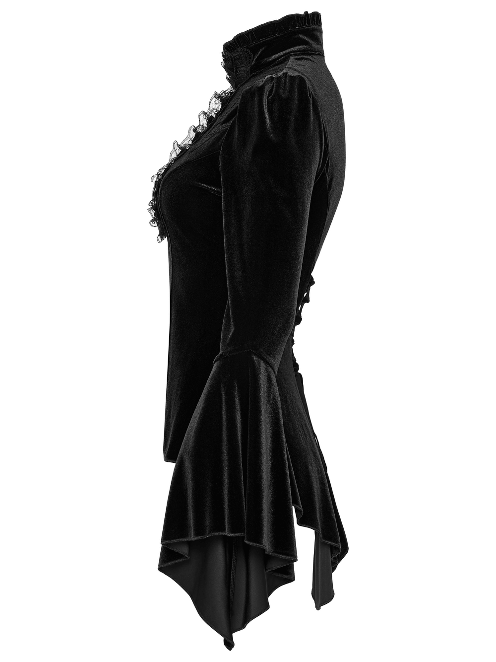 Elegant Goth Top with Ruffled Lace and Pearl Buttons in side view showcasing its unique design.
