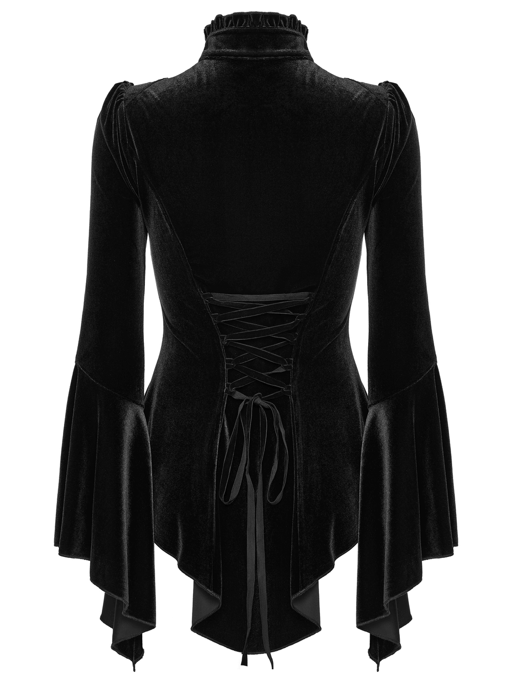 Elegant Goth Top with Ruffled Lace and Pearl Buttons, showcasing a stylish lace-up back and dramatic bell sleeves.