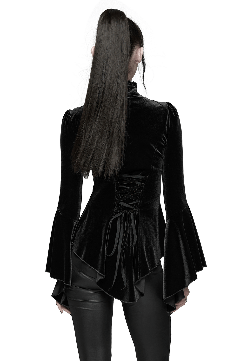 Elegant Goth Top with Ruffled Lace and Pearl Buttons, back view showcasing lace-up details and flowing sleeves.