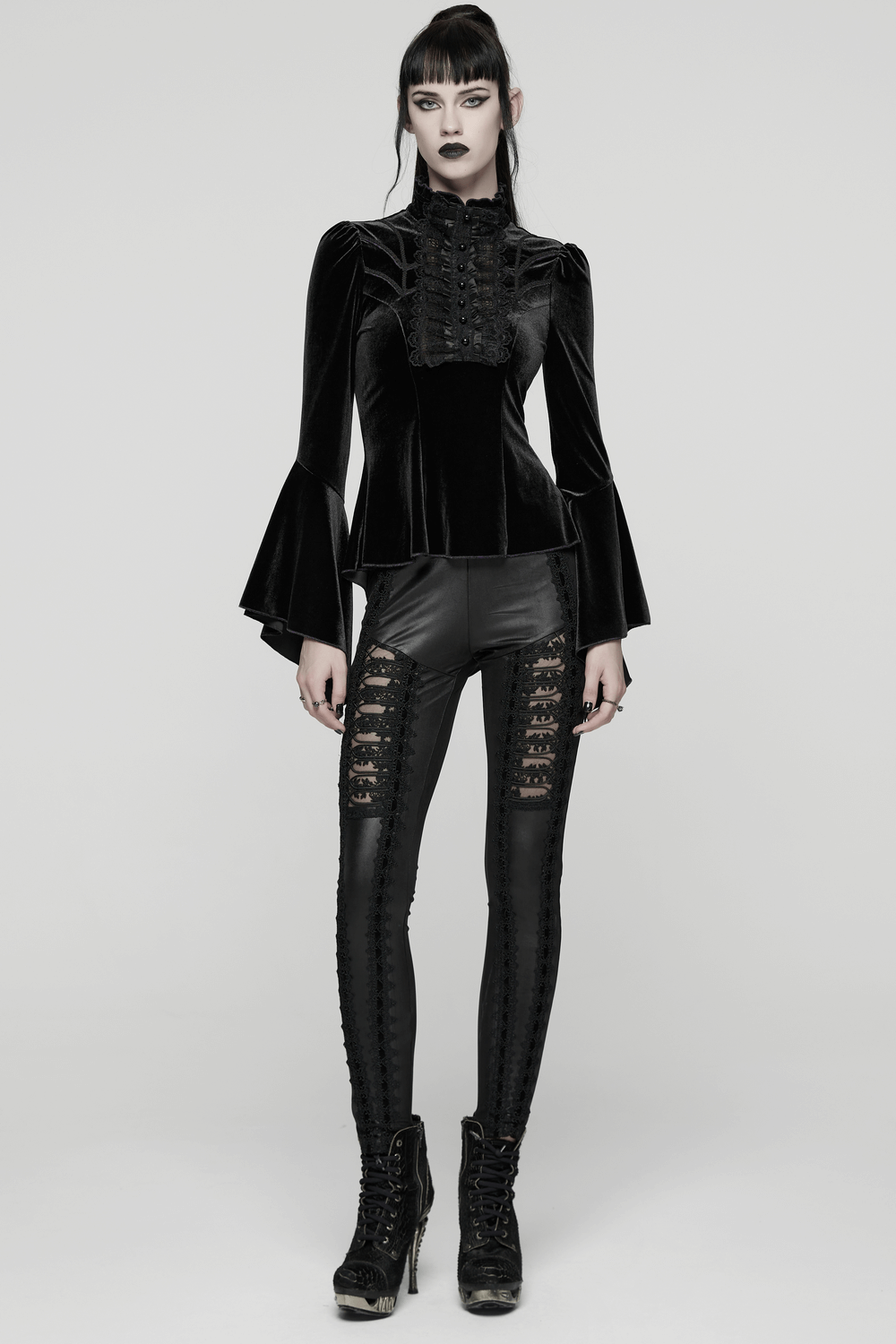 Elegant Goth Top with Ruffled Lace and Pearl Buttons worn with stylish ripped leggings and chunky boots