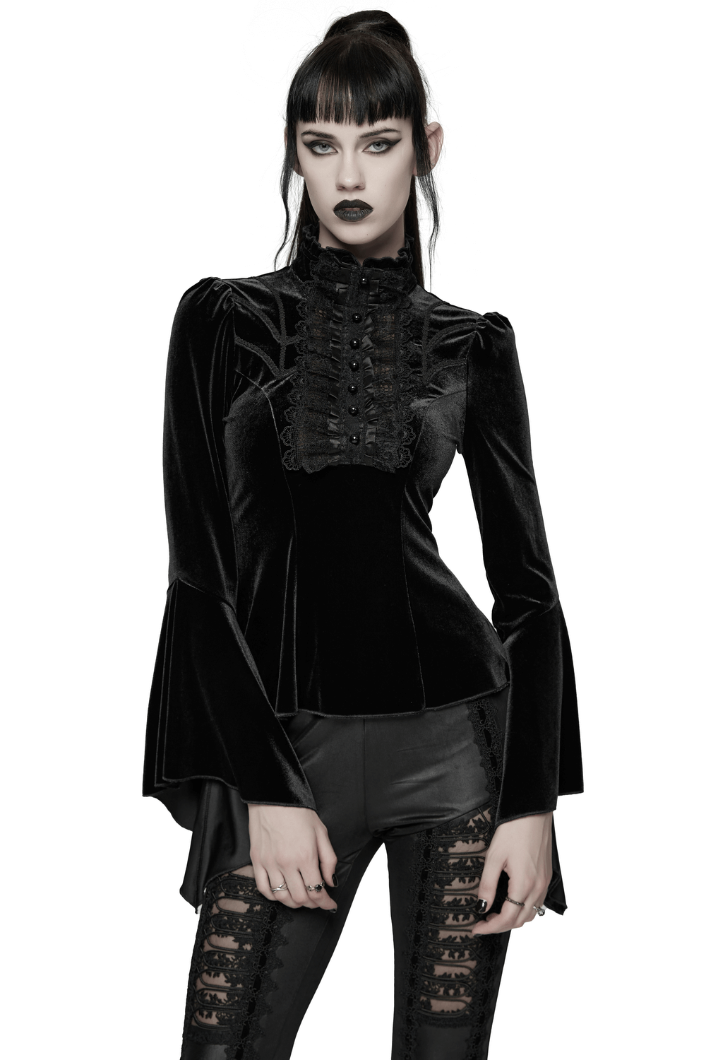 Elegant Goth Top with Ruffled Lace and Pearl Buttons displayed on a model with a gothic look.