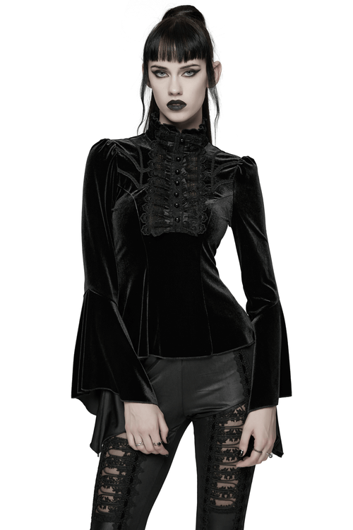 Elegant Goth Top with Ruffled Lace and Pearl Buttons