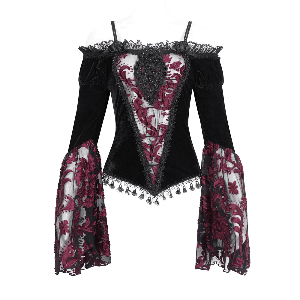 Elegant goth velvet top featuring lace sleeves and floral patterns, perfect for a romantic night out.