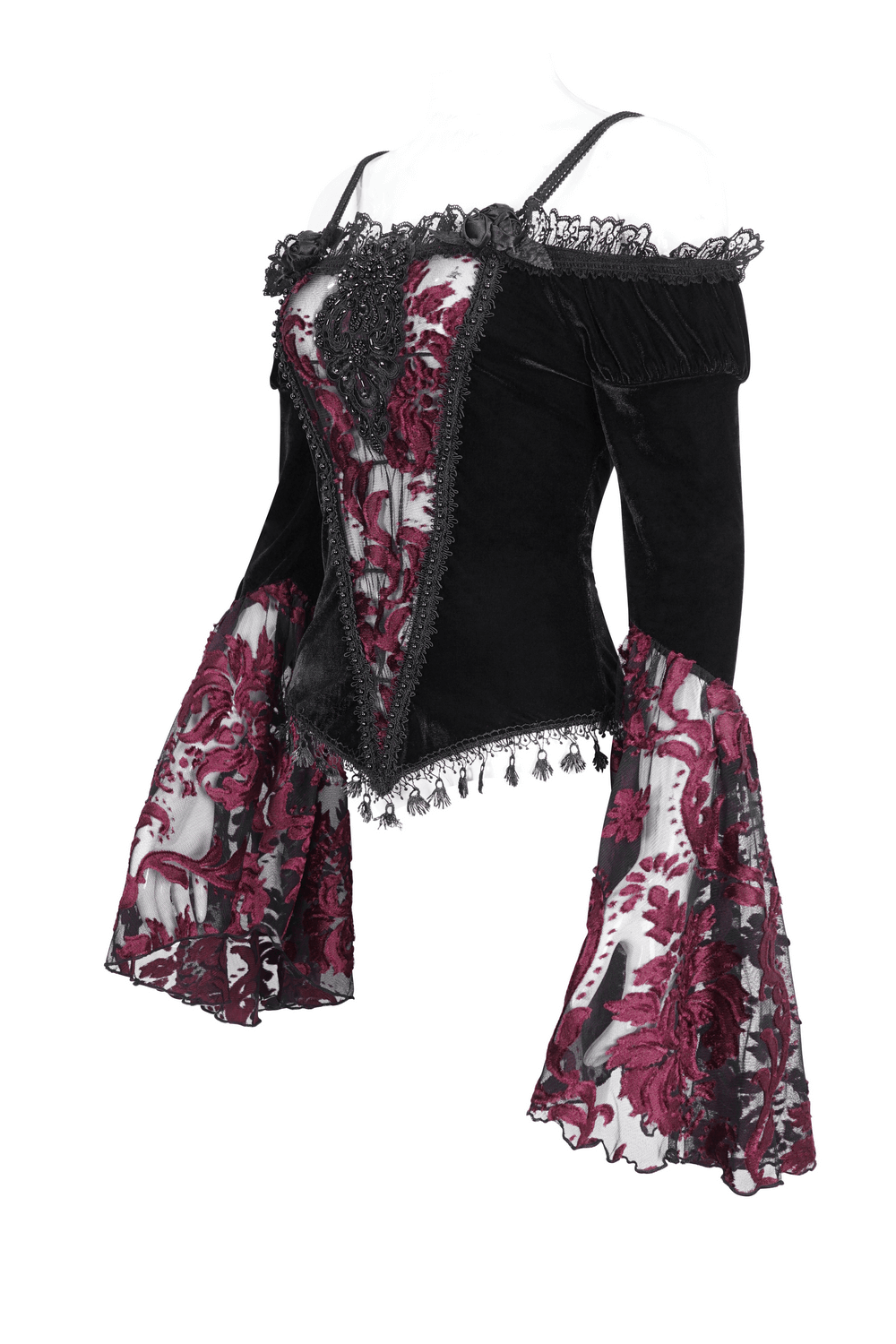 Elegant goth velvet top with lace sleeves, featuring floral details and a flattering silhouette.