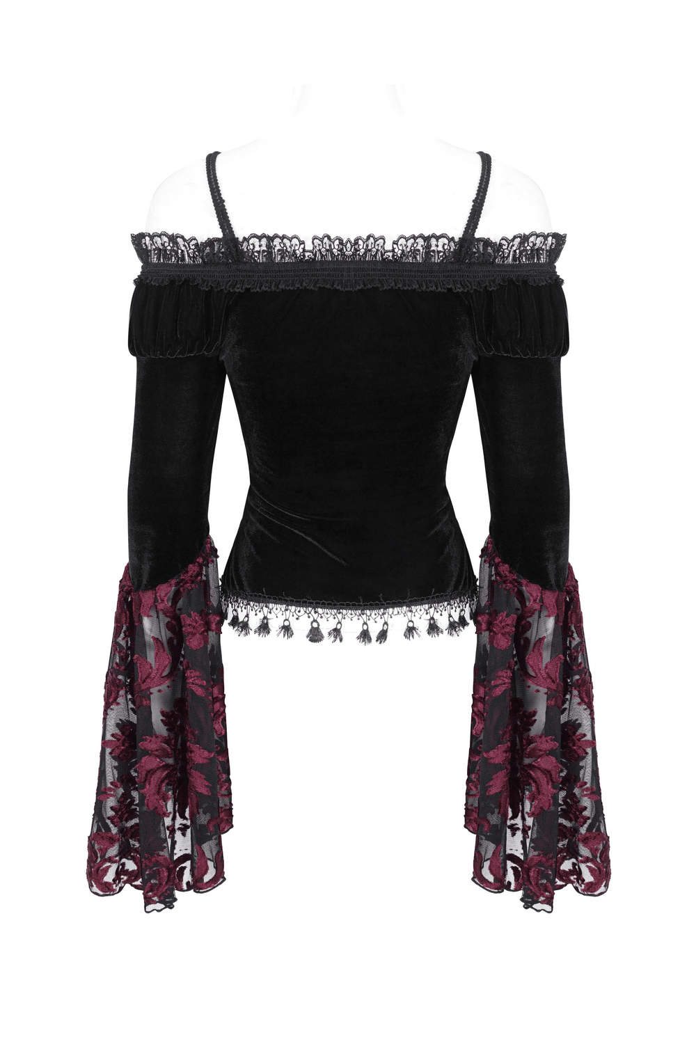 Elegant goth velvet top with lace sleeves in black and burgundy, featuring off-shoulder design and dramatic bell sleeves.