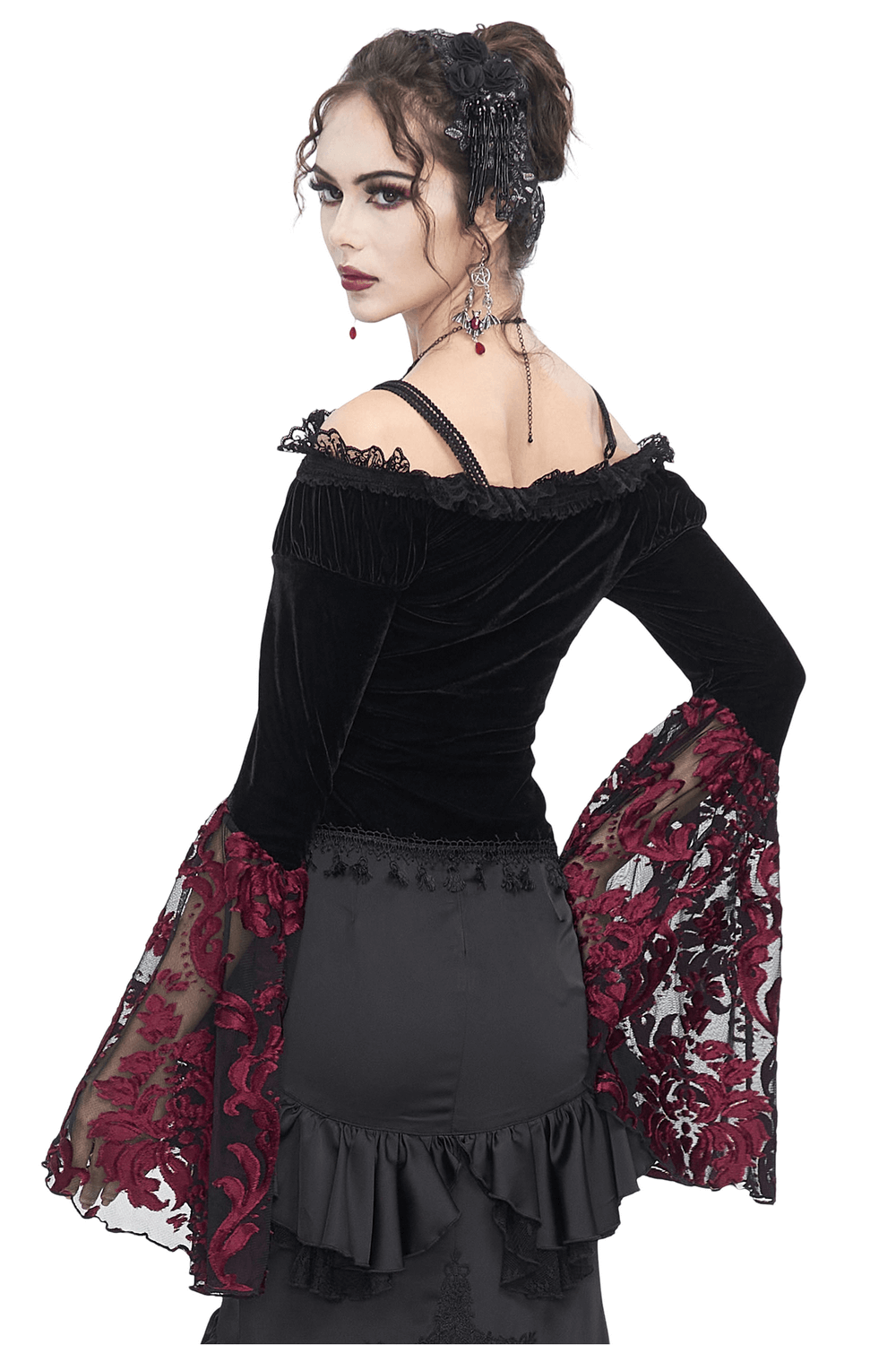 Elegant goth velvet top with lace sleeves, featuring a black velvet bodice and dramatic lace details, perfect for special occasions.