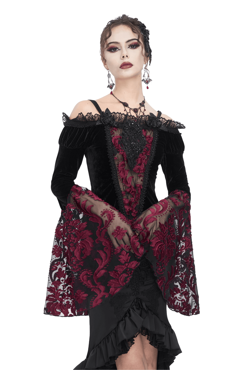Elegant Goth Velvet Top with Lace Long Sleeves