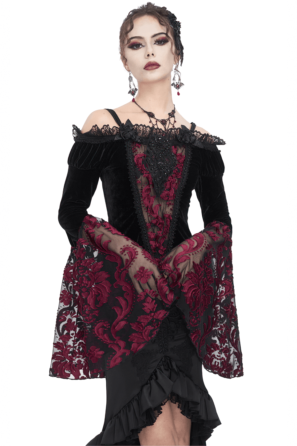 Elegant goth velvet top with lace sleeves, perfect for special occasions or a night out.