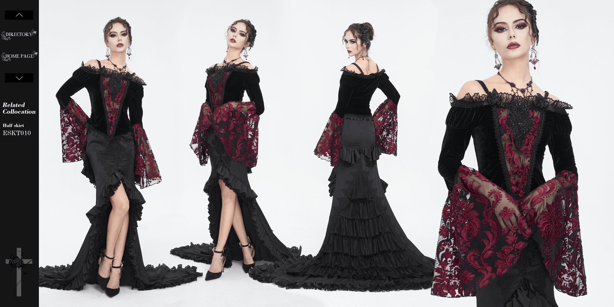 Elegant goth velvet top with lace sleeves, perfect for special occasions and night outs, showcasing a stunning black and red design.