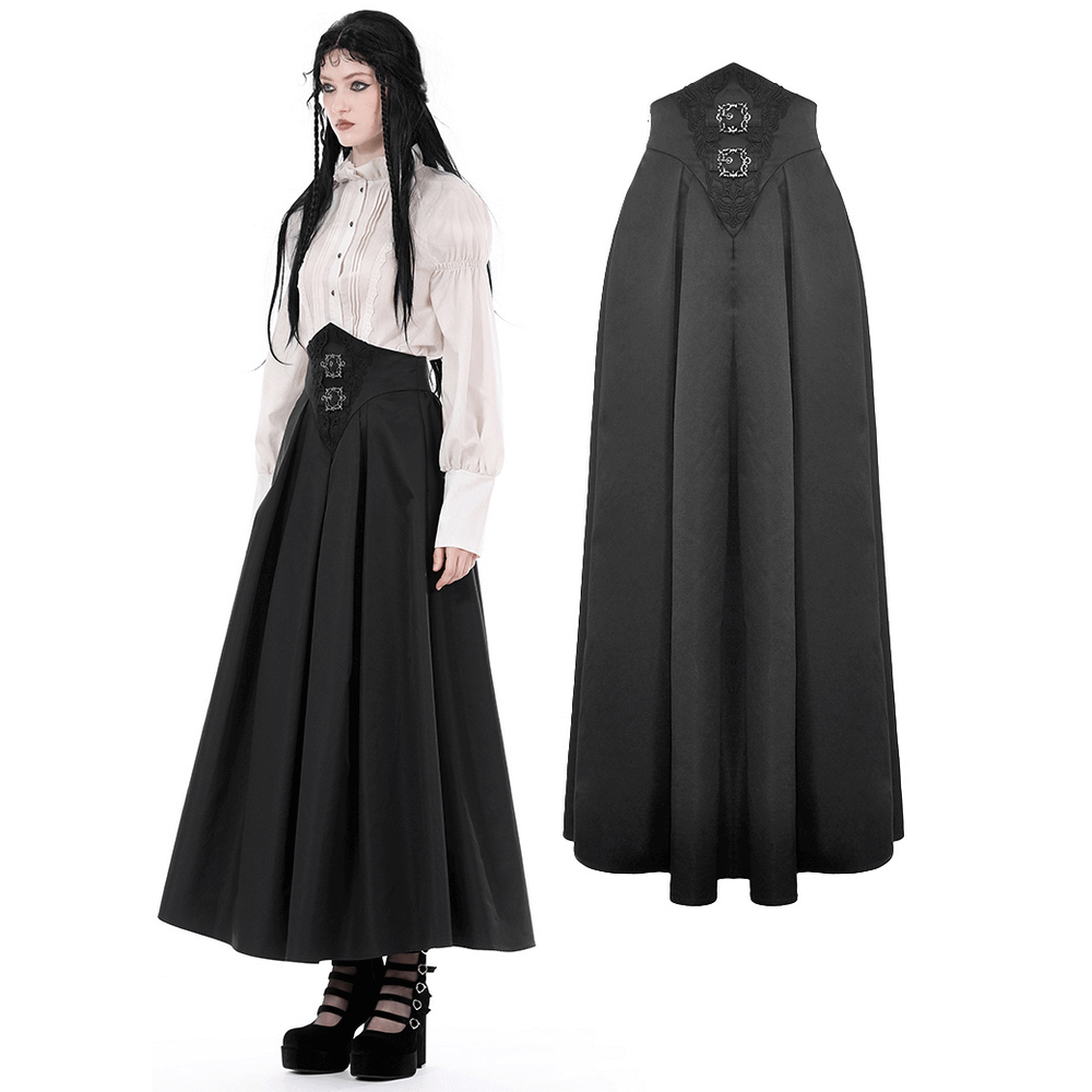Elegant Gothic A-Line long skirt with corset belt, styled for witchy vibes and paired with a Victorian blouse.