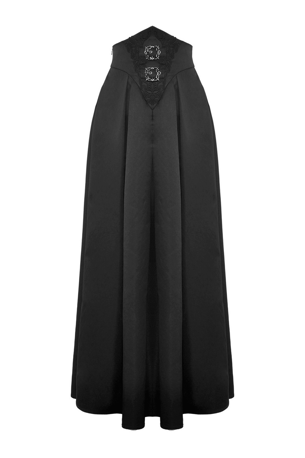 Elegant black A-Line long skirt with wide corset belt and intricate detailing for a gothic style.