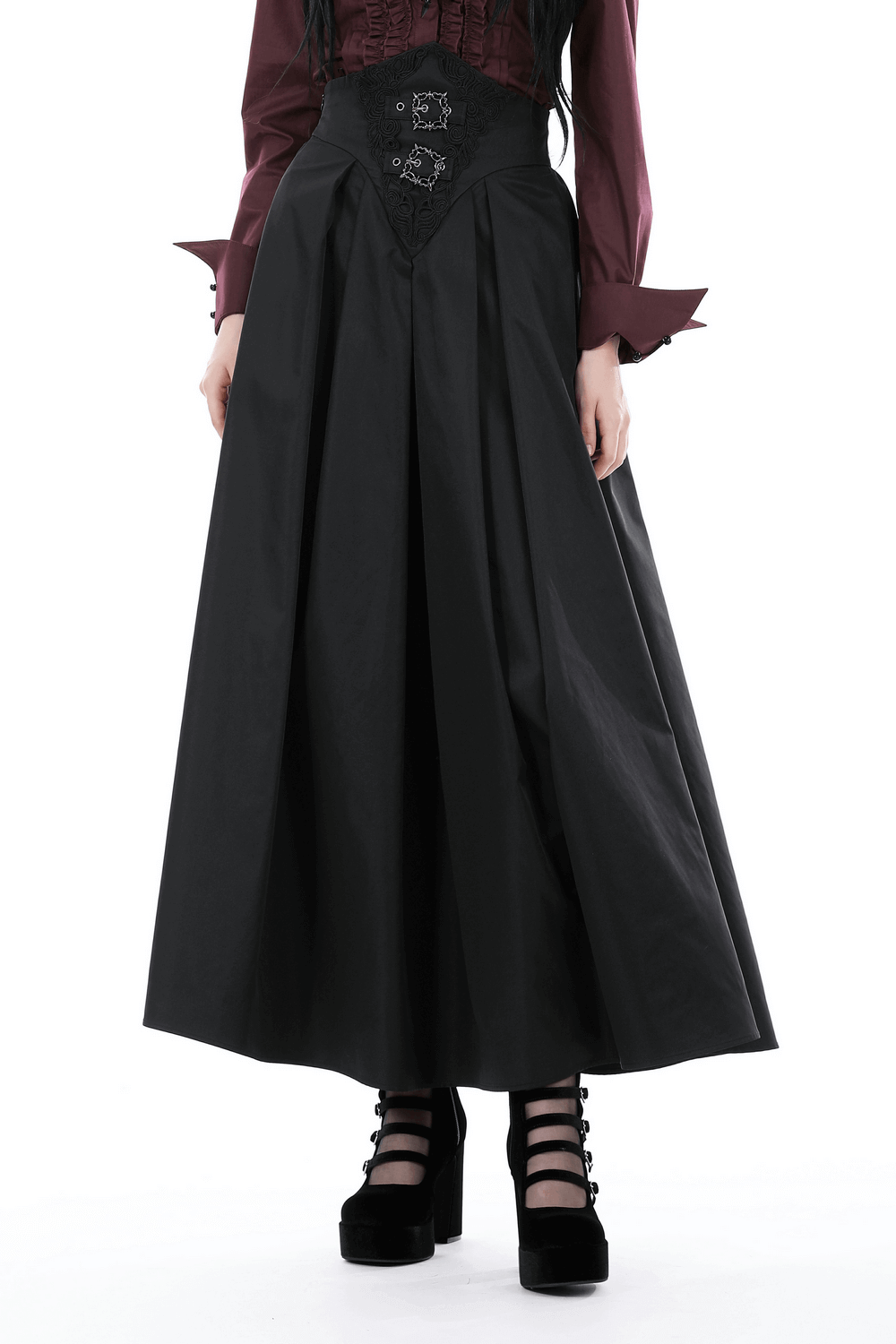 Elegant Gothic A-Line black long skirt with wide corset belt and Victorian blouse for witchy vibes.