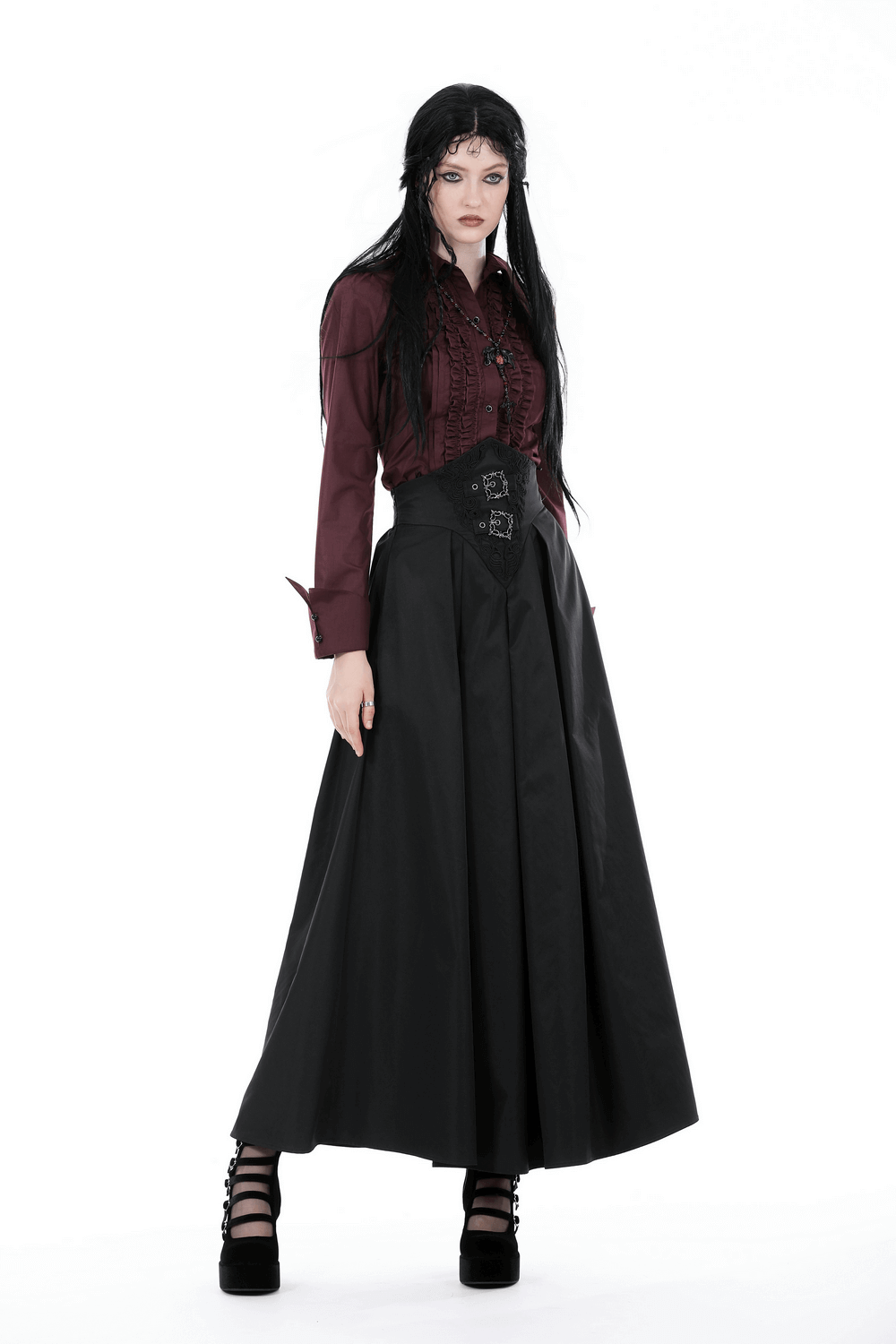 Elegant gothic A-line long skirt with wide corset belt, perfect for witchy vibes and unique style.