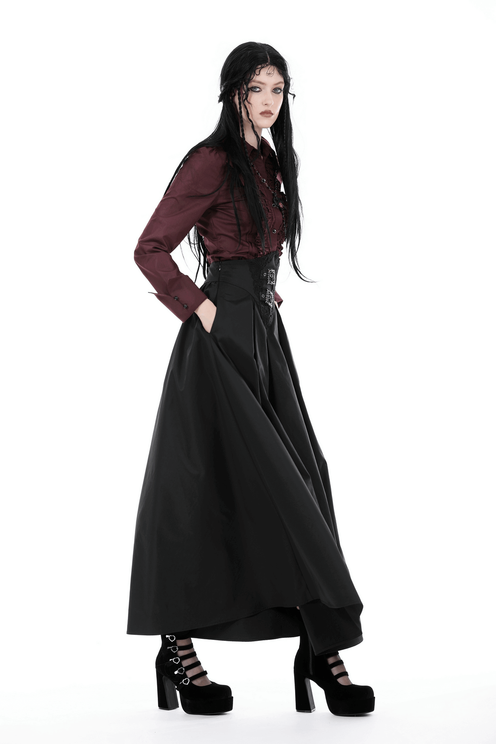Elegant gothic A-line long skirt with wide corset belt and a Victorian blouse, perfect for witchy vibes.