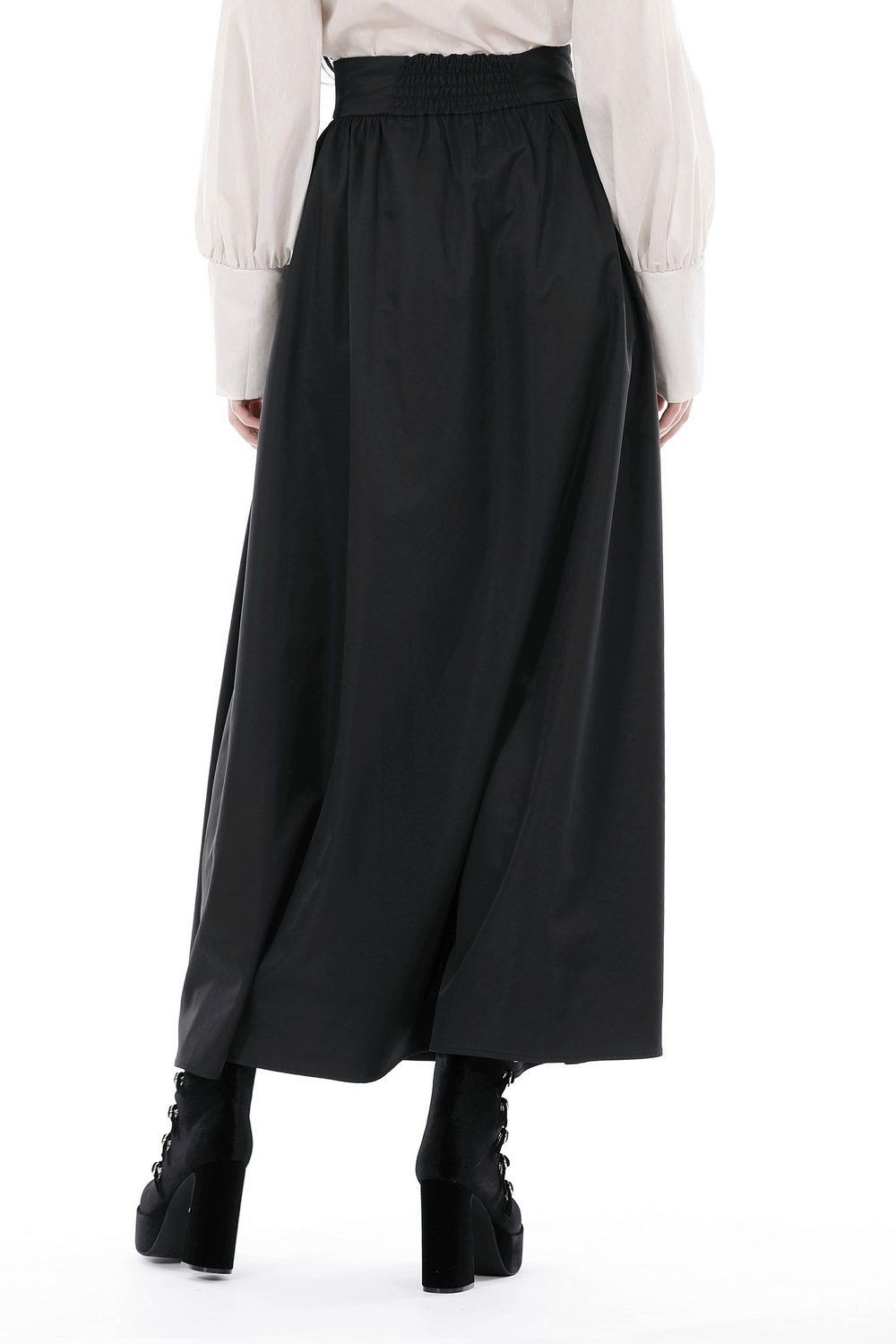 Elegant black A-line long skirt, perfect for a goth style, worn with stylish wide corset belt and boots.