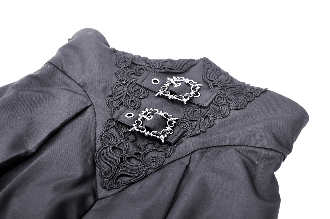 Elegant black blouse with intricate lace detailing and ornate buttons for a gothic style.