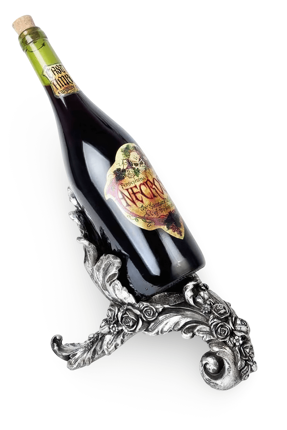 Ornate Rococo-style antique rose wine holder displaying a bottle, perfect for elegant home decor.