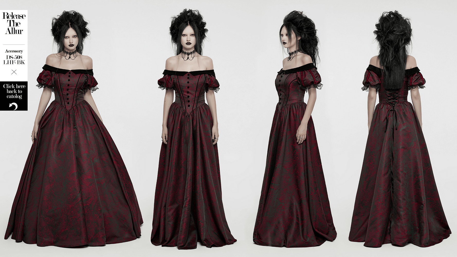 Elegant gothic ball gown with off-shoulder design and intricate lace, showcasing Victorian style in jacquard fabric.