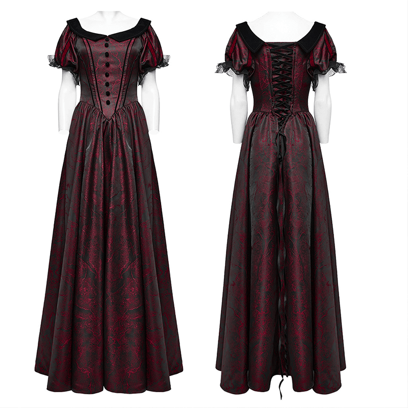 Elegant gothic ball gown with off-shoulder design, featuring lace trim, jacquard fabric, and stunning Victorian details.