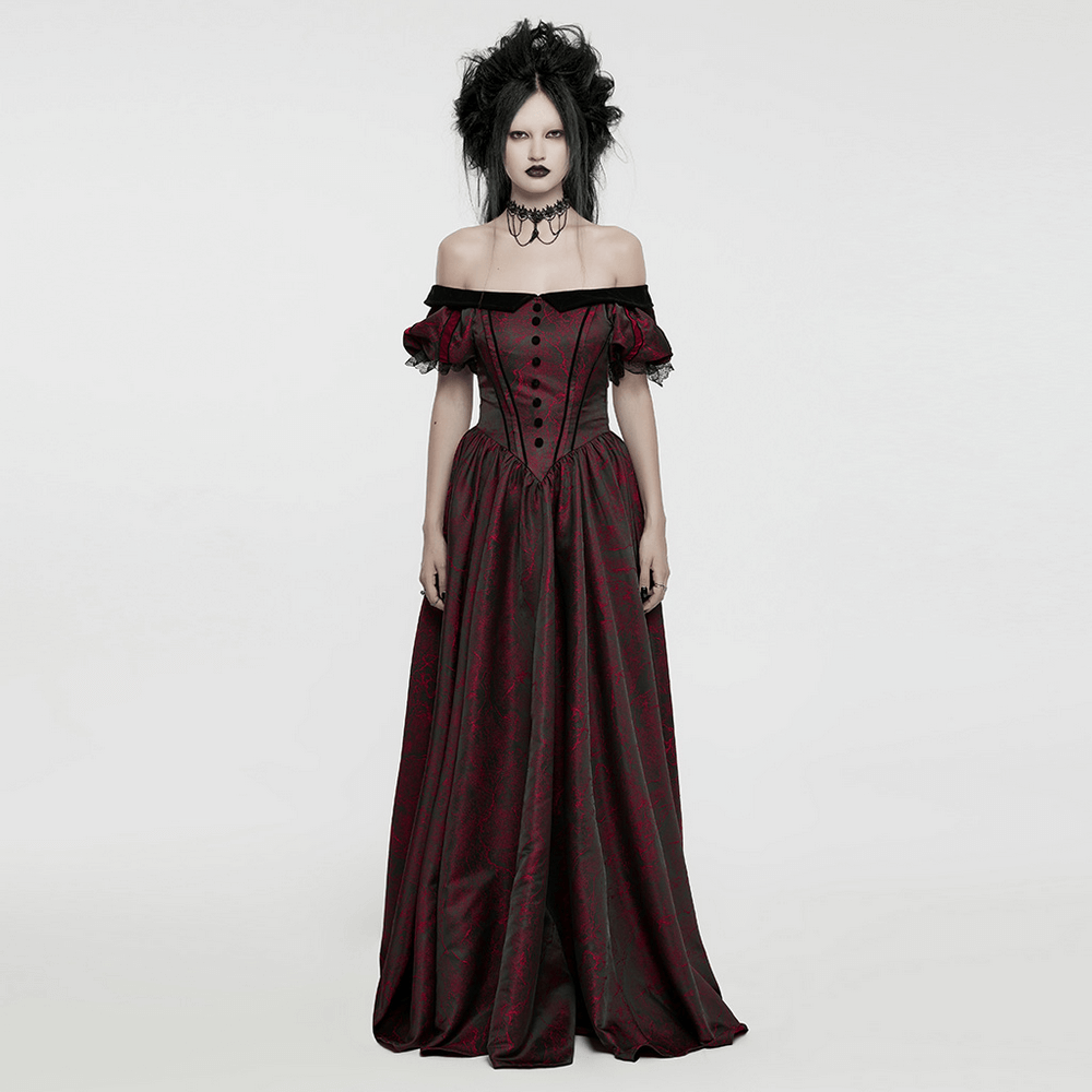 Elegant off-shoulder gothic ball gown in red jacquard, featuring lace trim and 3D buttons for a Victorian-inspired look.