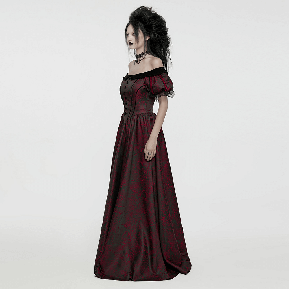 Elegant off-shoulder Gothic ball gown in deep burgundy with bubble sleeves and lace detailing, perfect for Victorian-inspired looks.