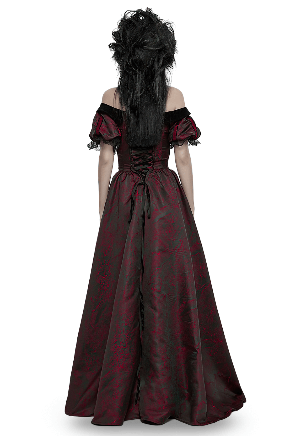 Back view of elegant Gothic ball gown with off-shoulder design, featuring bubble sleeves and luxurious jacquard fabric.