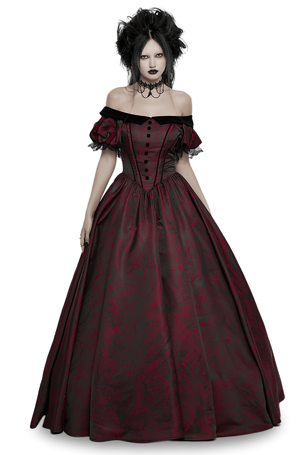 Elegant off-shoulder gothic ball gown in dark red jacquard with lace trim, featuring a striking U-shaped collar and bubble sleeves.