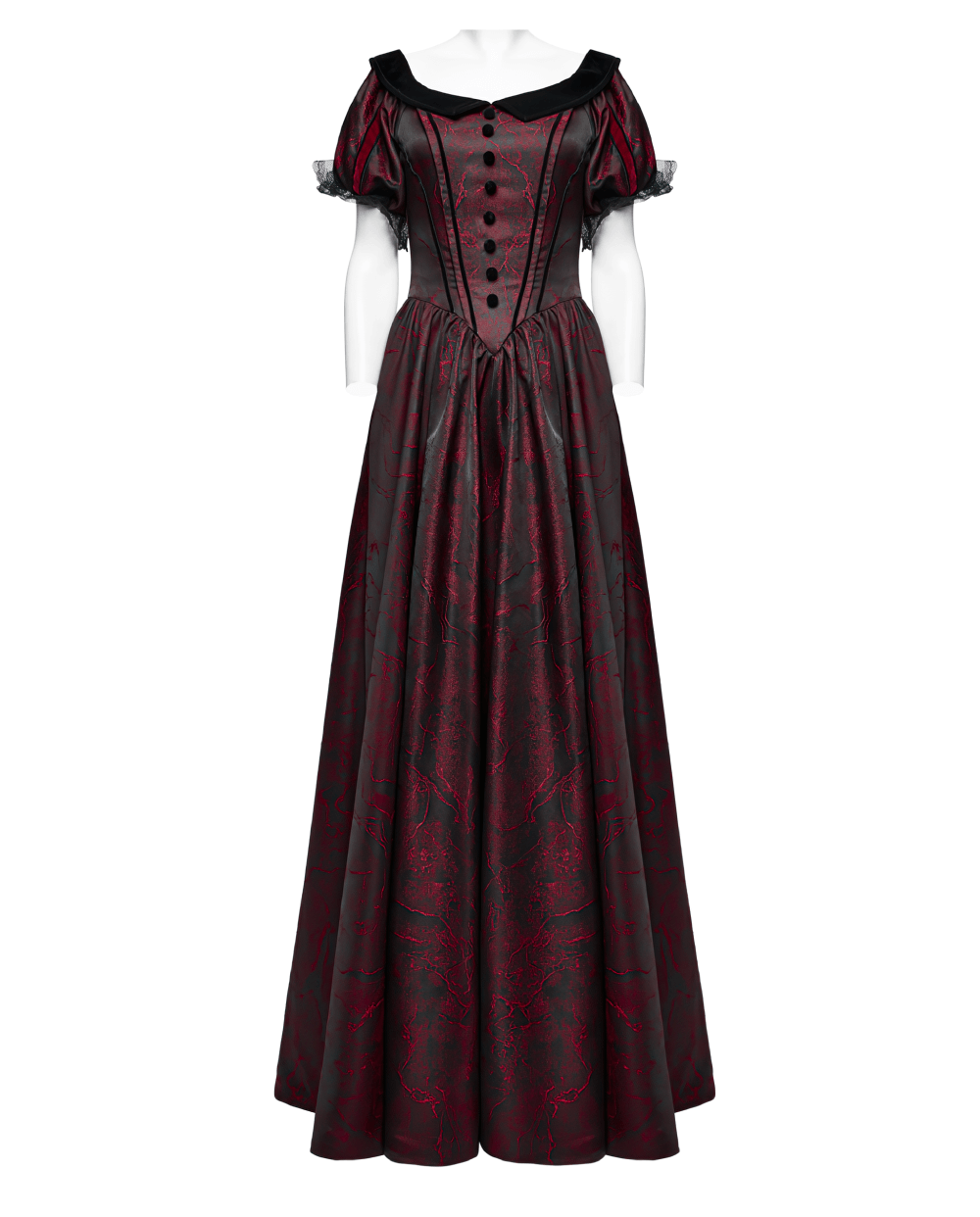 Elegant gothic ball gown with off-shoulder design, featuring intricate lace, jacquard fabric, and velvet trim. Perfect for formal occasions.