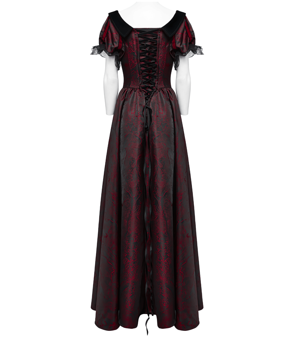 Elegant Gothic ball gown with off-shoulder design, featuring lace trim and a flowing skirt in rich burgundy jacquard fabric.