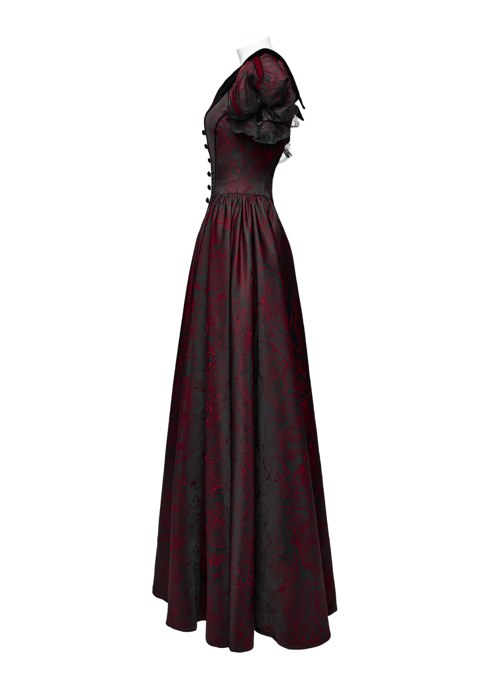 Elegant Gothic ball gown showcasing off-shoulder design, bubble sleeves, and intricate jacquard fabric in rich red and black.