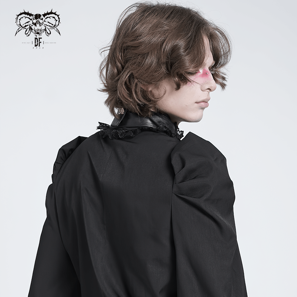 Elegant gothic men's batwing neckwear with layered faux leather and mesh, featuring dramatic gemstone accent.