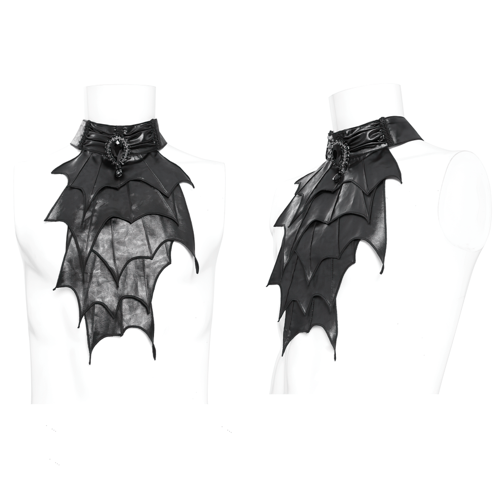 Elegant gothic batwing neckwear for men featuring layered faux leather and a black gemstone accent.