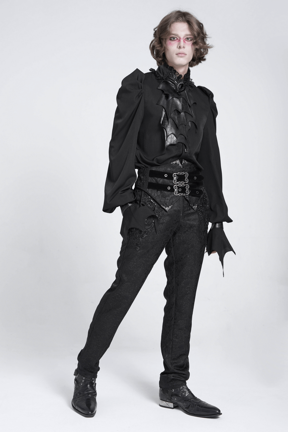 Elegant gothic black batwing neckwear for men with layered wings and gemstone accent, perfect for vampire cosplay.