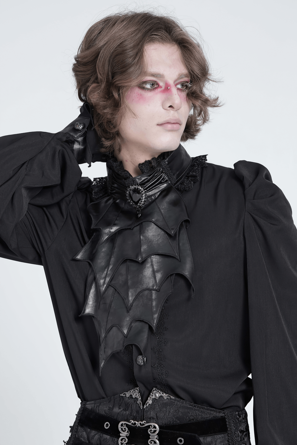 Elegant Gothic black batwing neckwear for men, featuring layered faux leather and a dramatic gemstone accent.