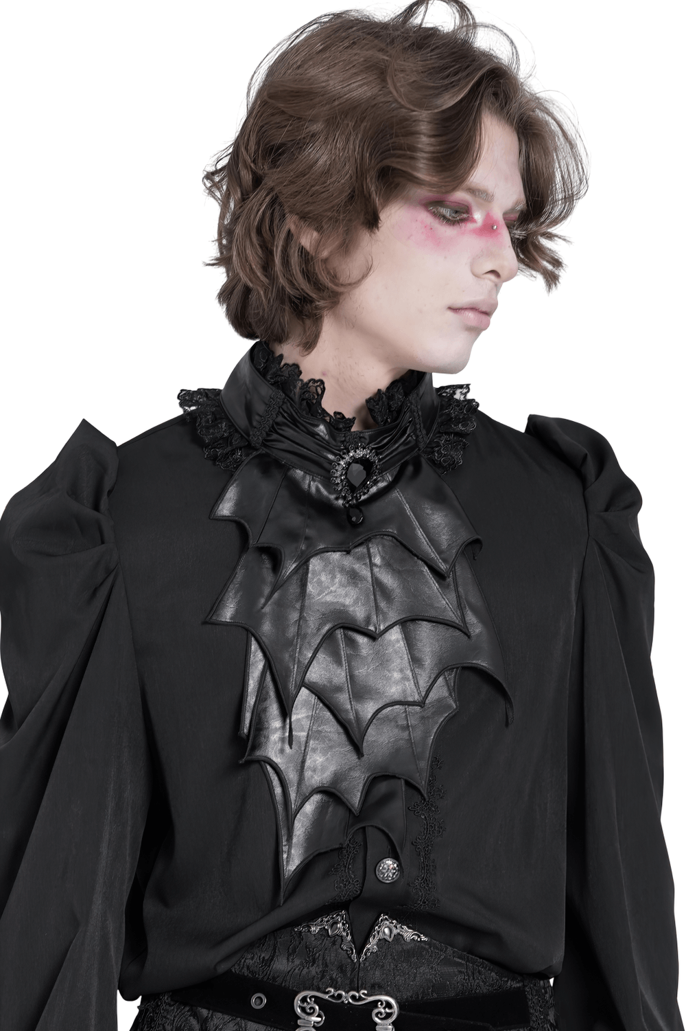 Elegant gothic black batwing neckwear with layered faux leather for men, perfect for vampire cosplay.