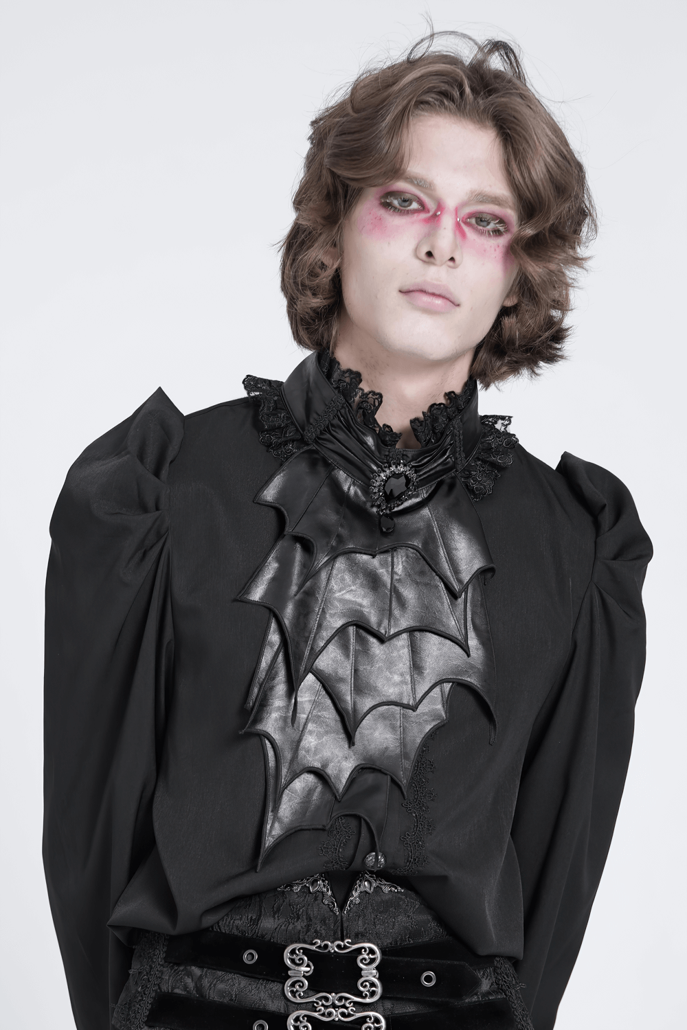 Elegant gothic black batwing neckwear for men with layered faux leather wings and gemstone accent.