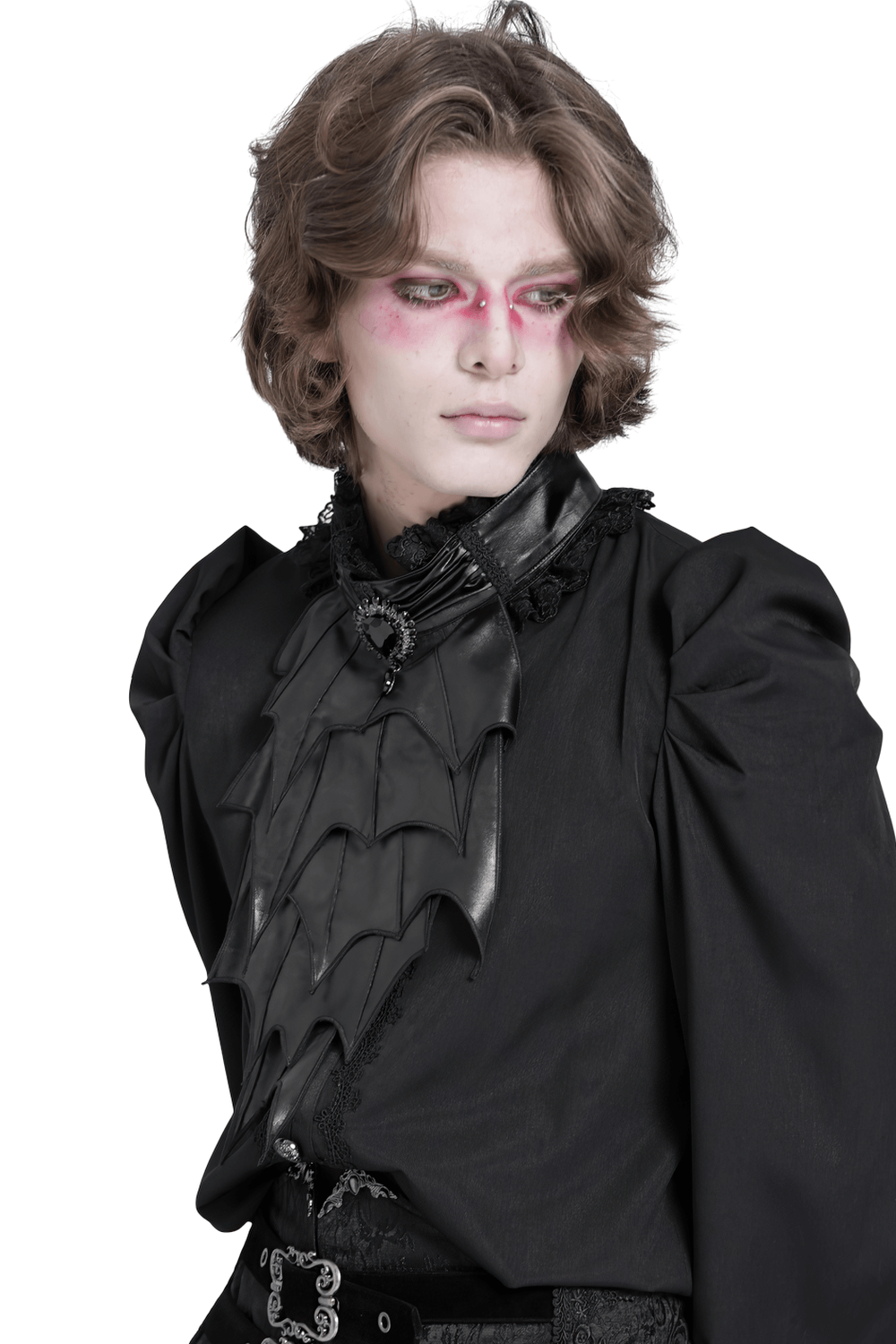 Elegant gothic black batwing neckwear with layered wings and gemstone for men, perfect for vampire or steampunk looks.