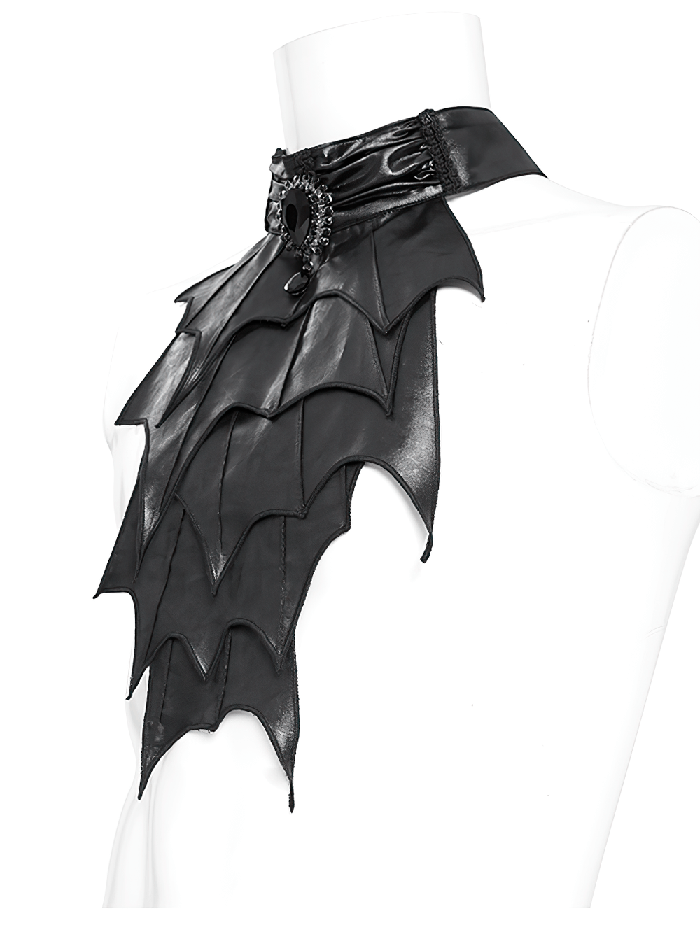 Elegant gothic black batwing neckwear with layered faux leather and jewel accent for men.