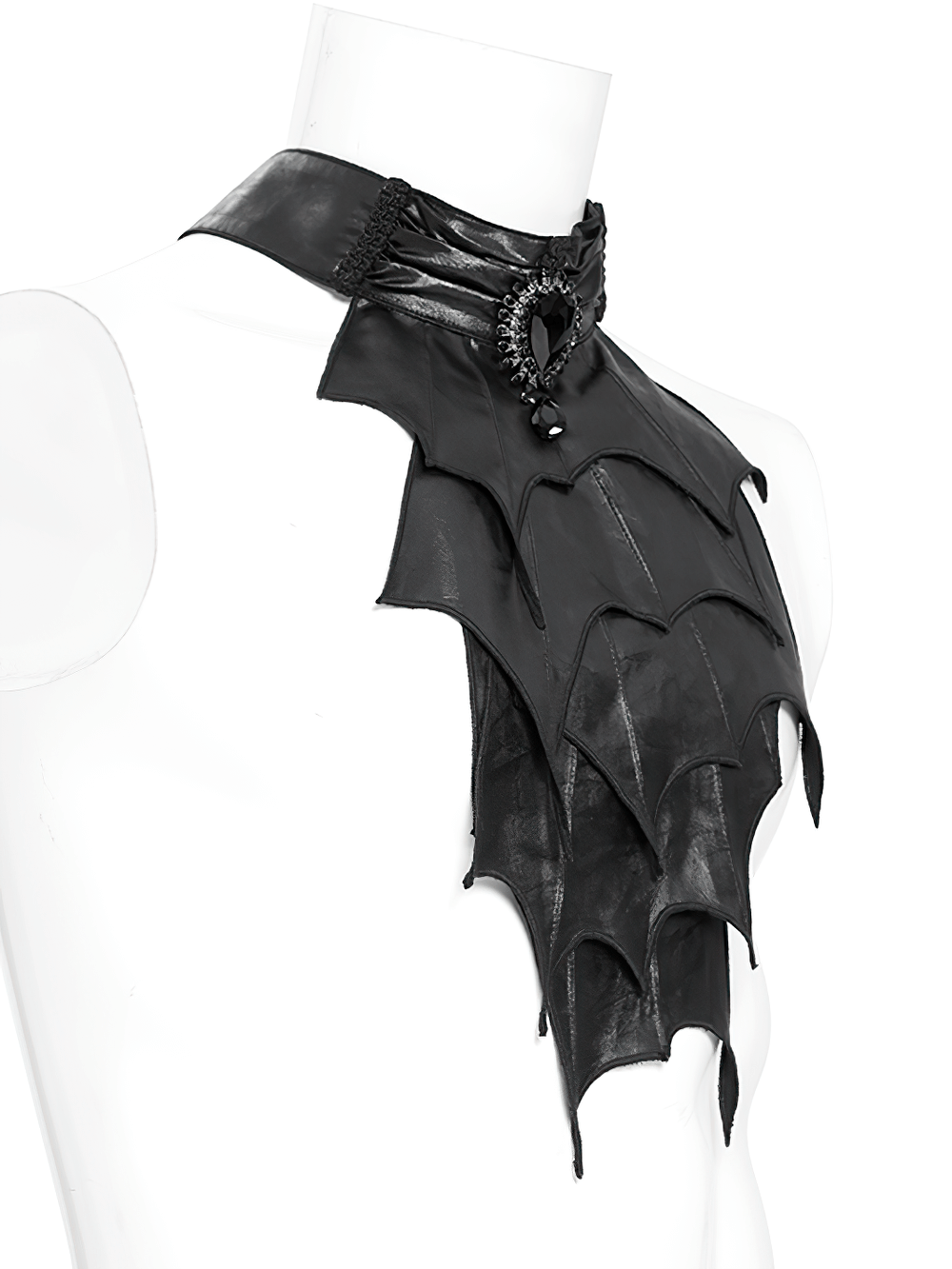 Elegant Gothic black batwing neckwear for men with layered faux leather wings and gemstone accent.