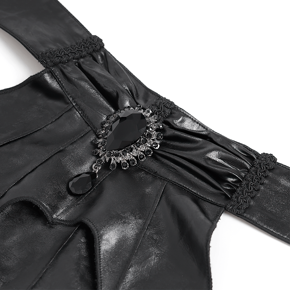 Close-up of elegant black batwing neckwear with jewel accent, perfect for gothic or vampire-themed cosplay.