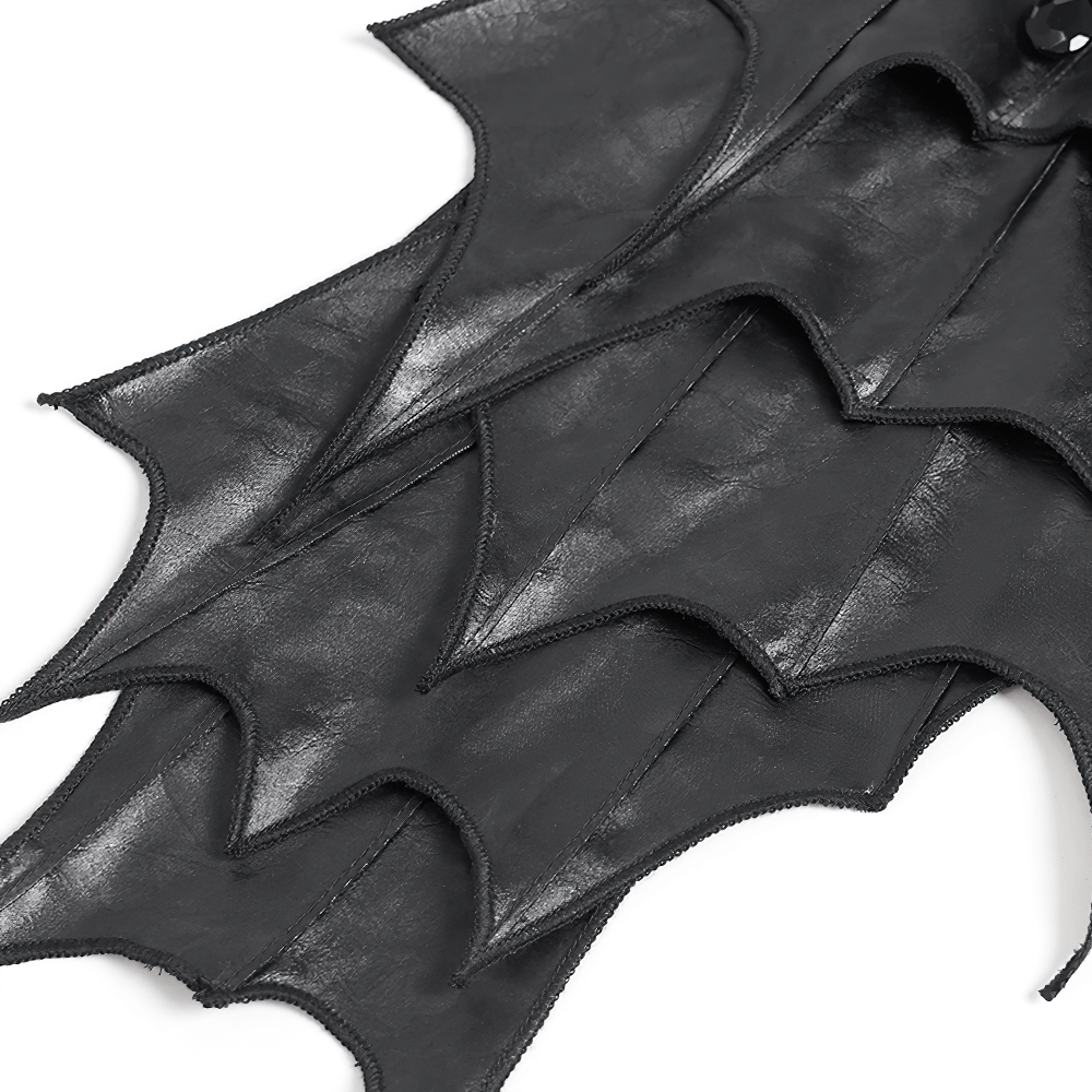 Elegant gothic black batwing neckwear with layered faux leather and gemstone detail.