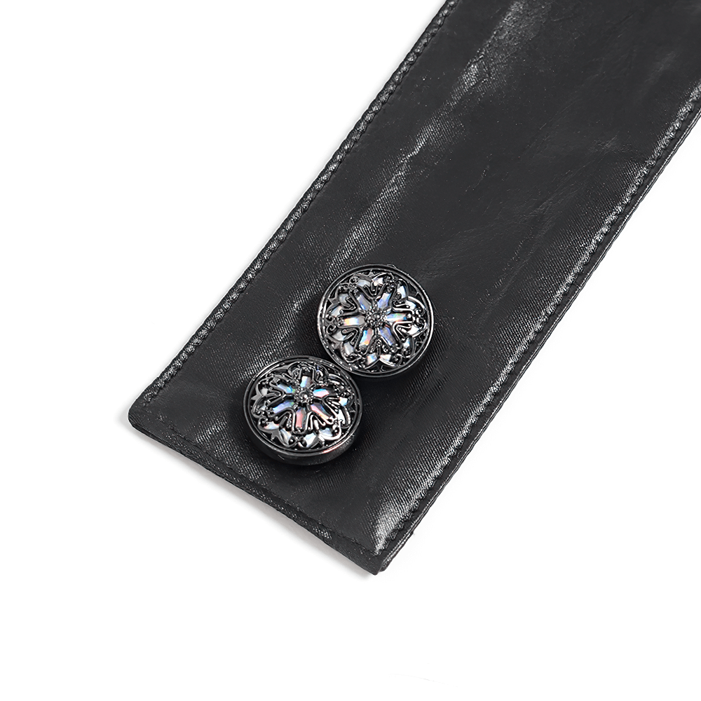 Black batwing neckwear buttons with ornate jewel accent, perfect for gothic and steampunk styles.