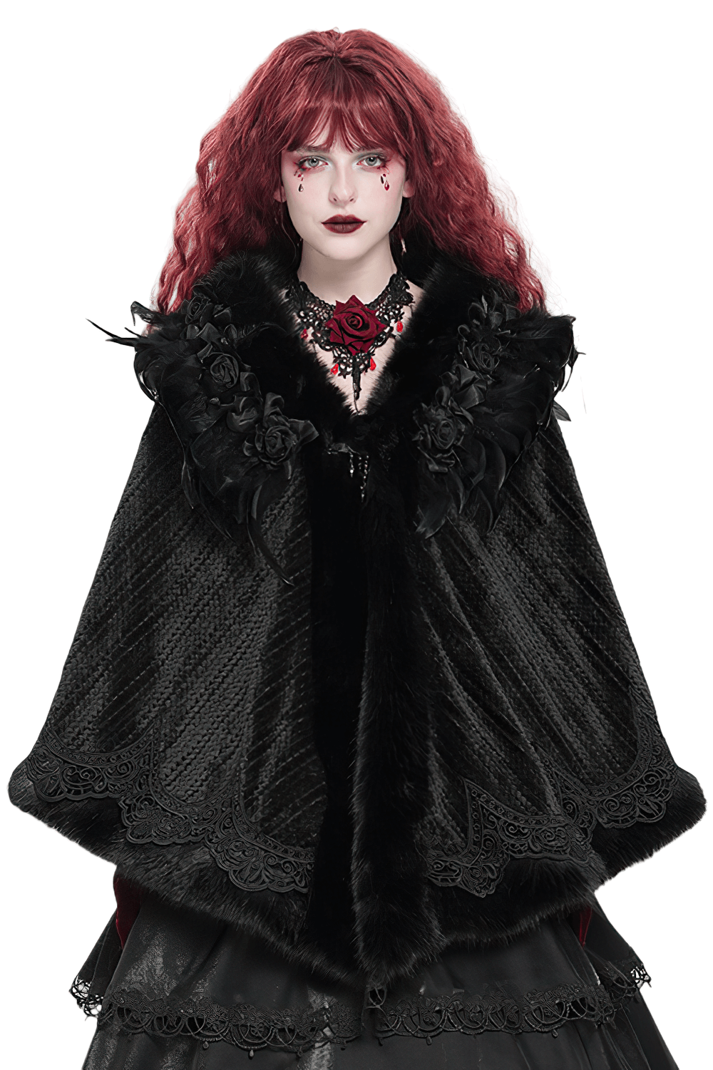 Elegant gothic black cape with feathers and lace trim, perfect for cosplay and Victorian fashion.