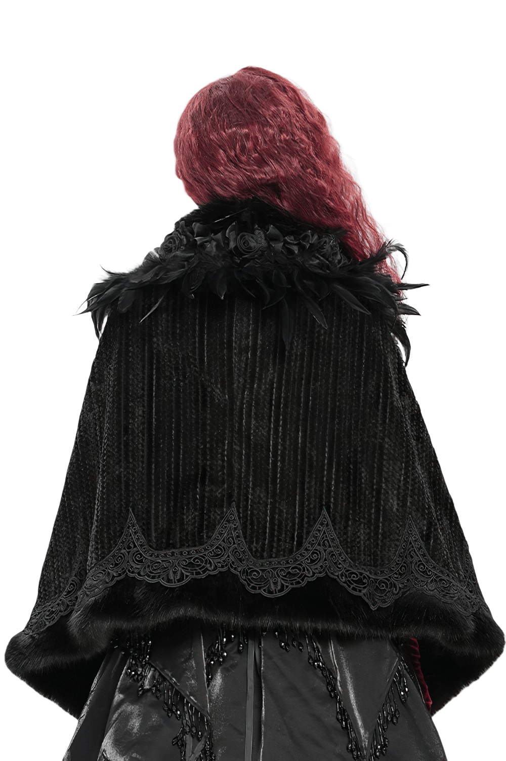 Elegant gothic black cape with feathers and lace trim, perfect for Victorian and cosplay outfits.