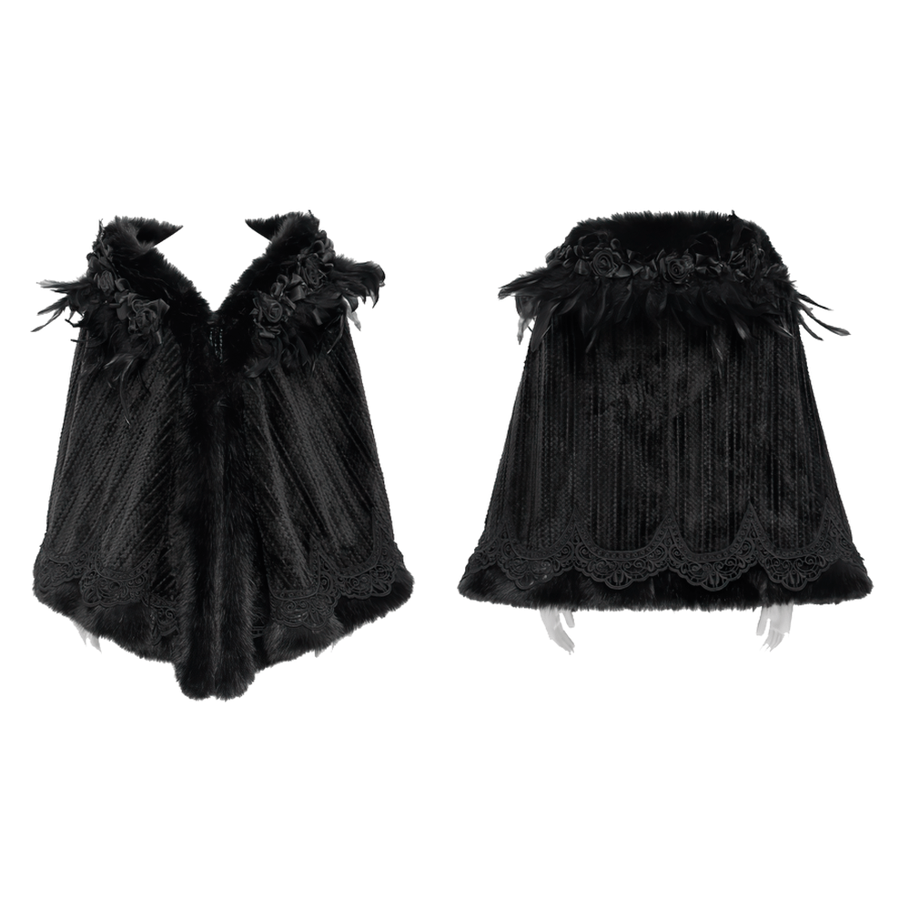 Elegant gothic black cape featuring feathers, lace trim, and a hood with roses, perfect for dark fashion.