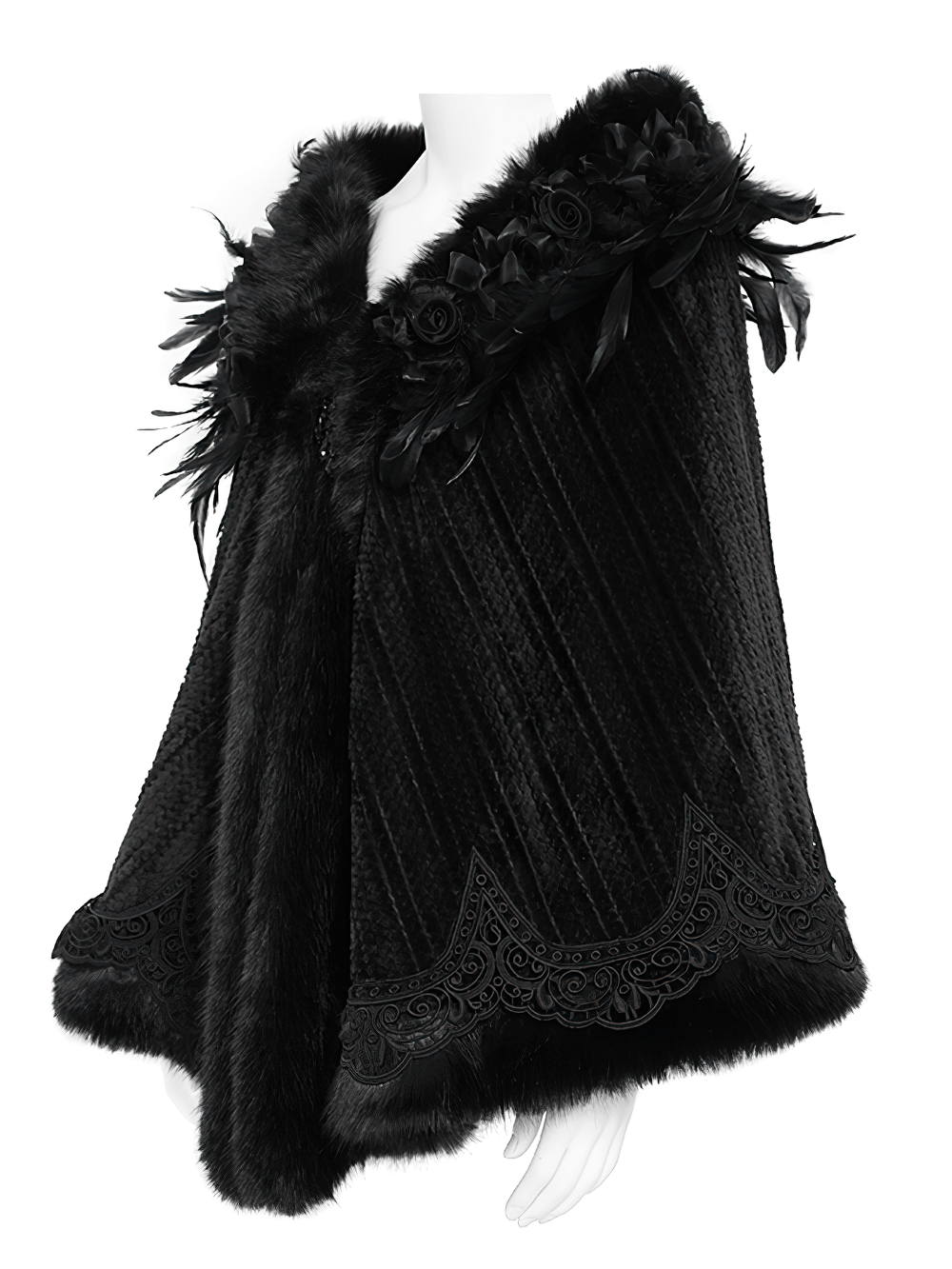 Elegant gothic black cape with feather accents and lace trim, perfect for dark fashion and cosplay.