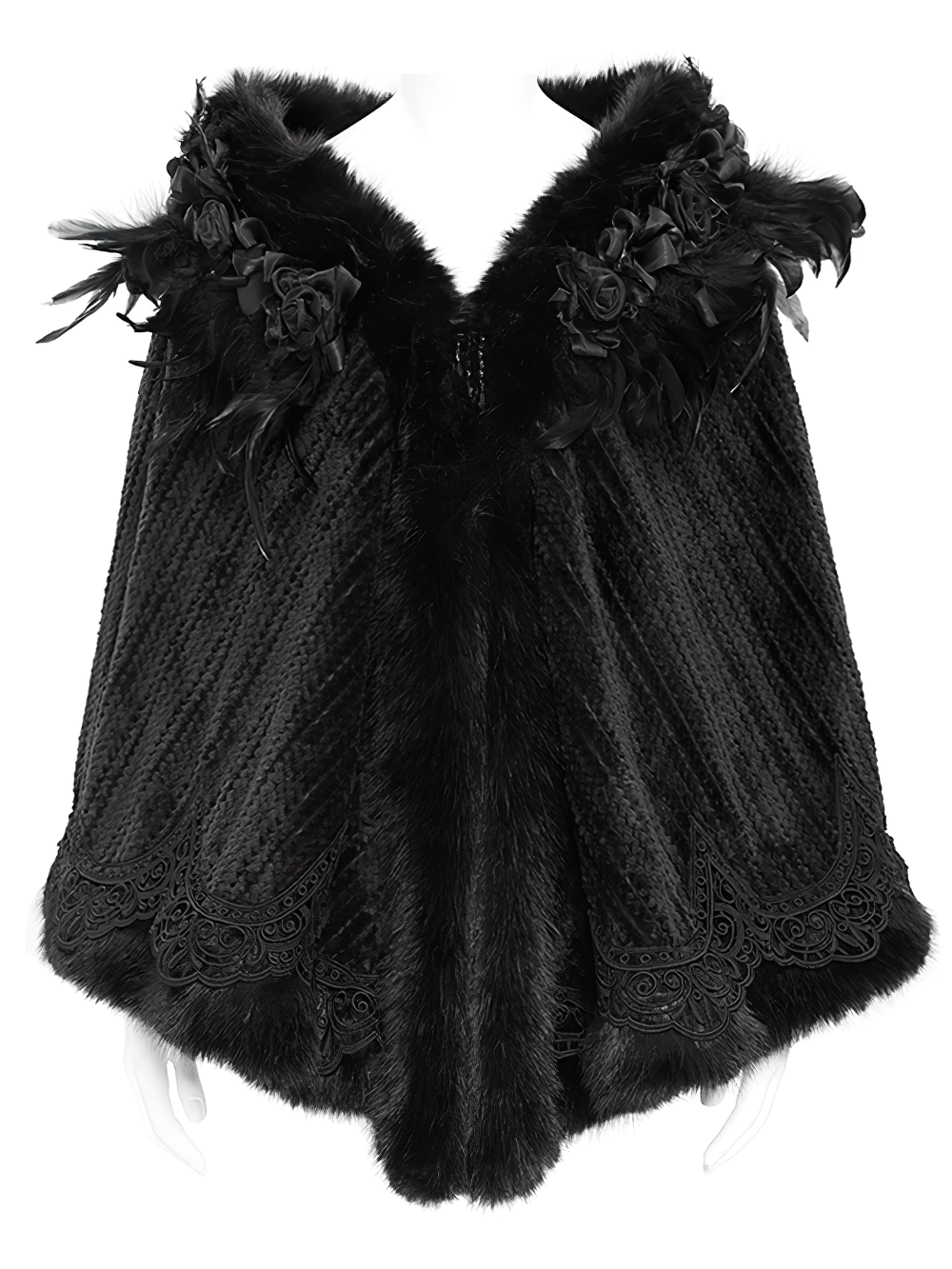 Elegant gothic black cape with feathers and lace trim, featuring a hood adorned with roses.